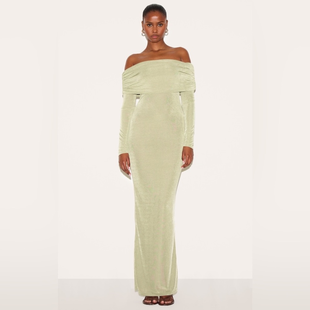 PrettyLittleThing Light Sage Off-Shoulder Long Sleeve Maxi Dress
